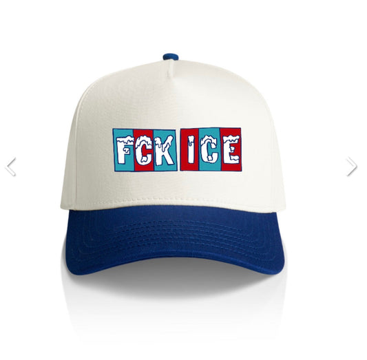 Cap with 'FCK ICE' text on a white background